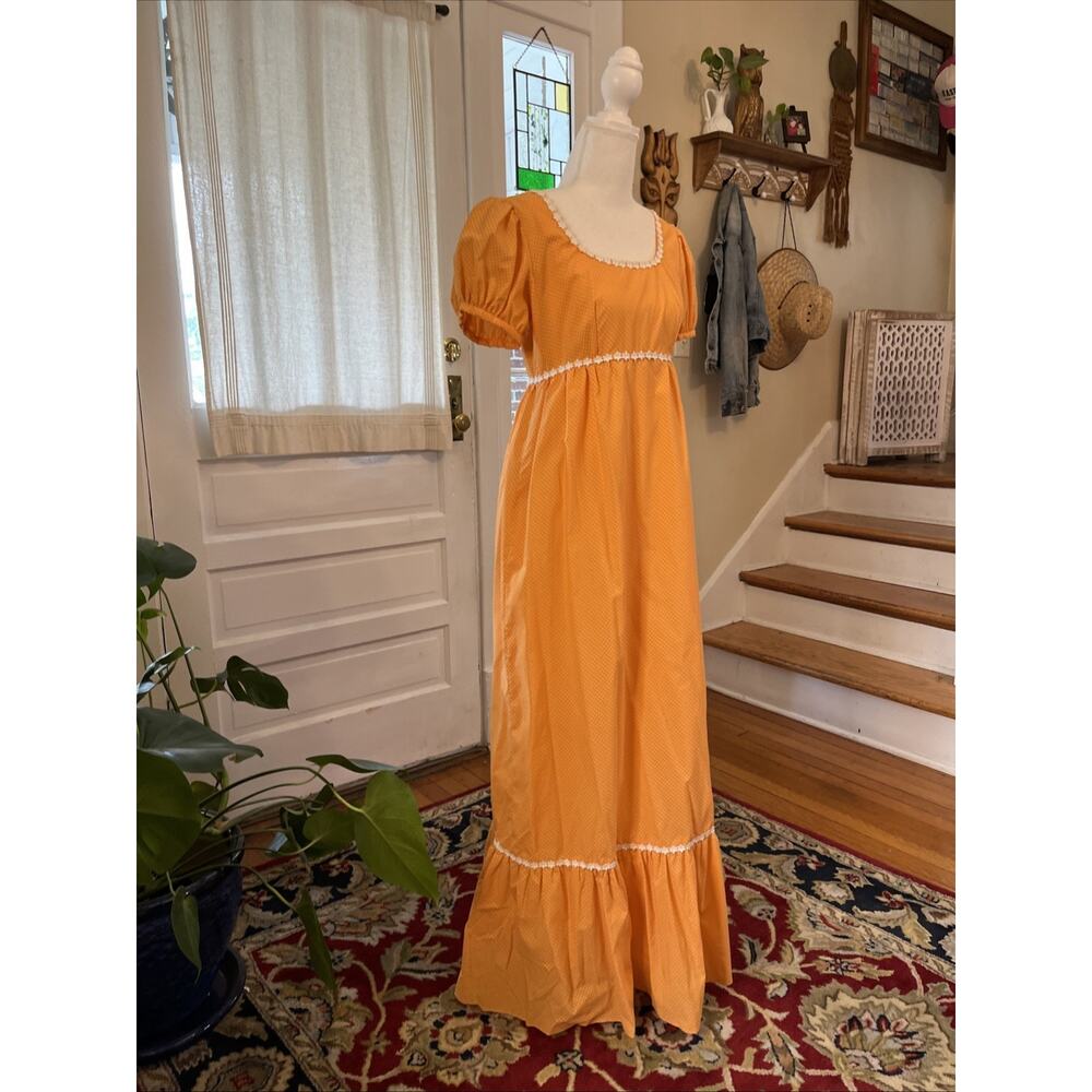 Vintage S 1960s 70s Handmade Apricot Bridesmaid Dress Polka Dot Daisy Retro Maxi - Picture 2 of 12